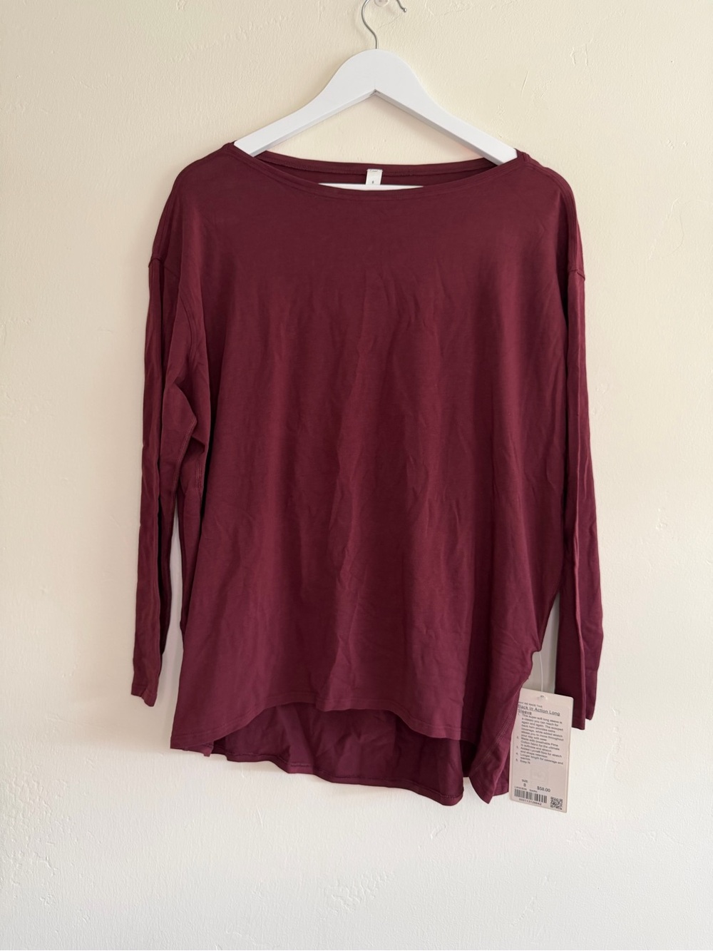Lululemon Women's 8 Back In Action Long Sleeve Garnet Pima Cotton Relaxed Fit